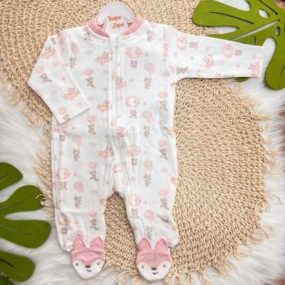 Macacão de Malha com Abertura em Zíper Raposinhas Fofinhas - Off White e Rose